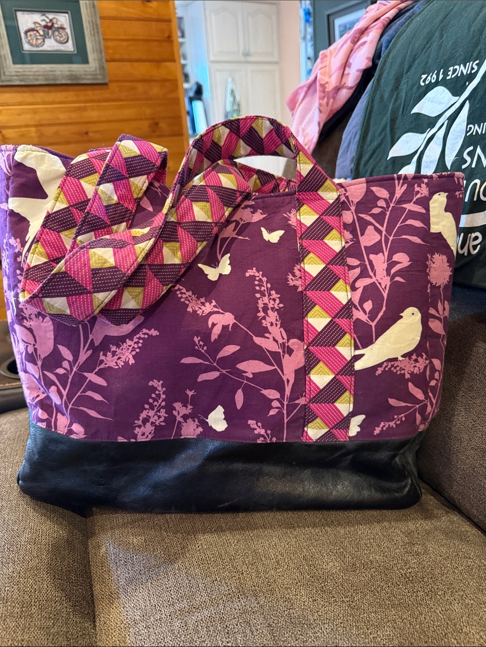 Purple Floral & Bird Tote with Patterned Handles